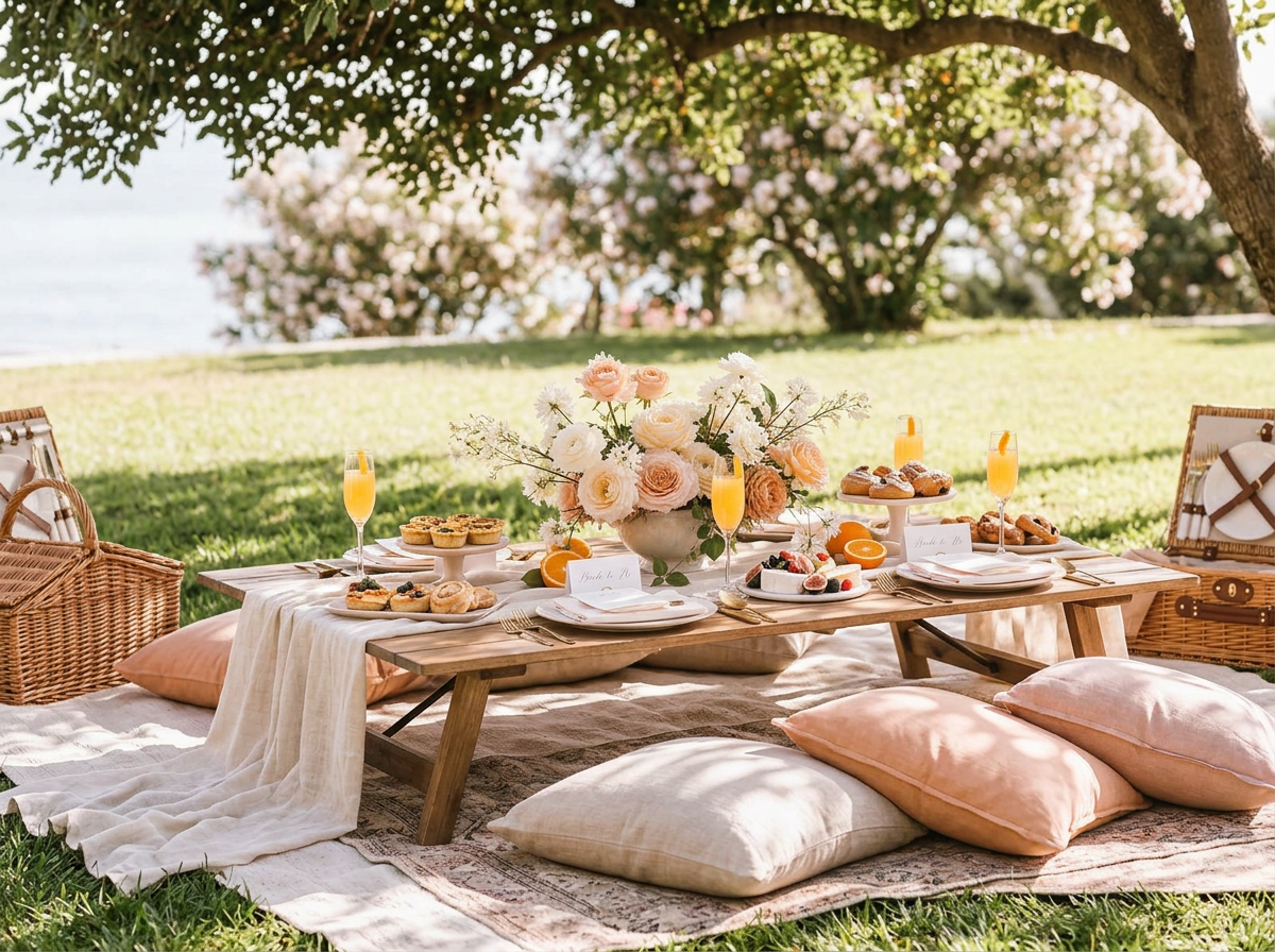 Sunlit pre-wedding brunch table set with mimosas, roses and gold flatware